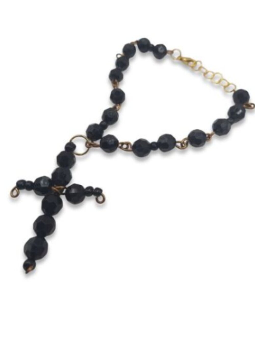 Handmade Black Bead Bracelet w/ Antique Brass Links & Cross – Rosary‑Inspired